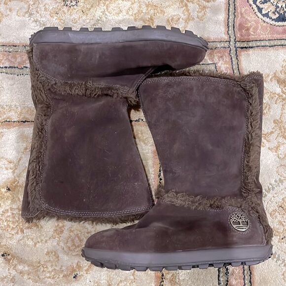 Timberland Mukluk Brown Suede Warm Women’s Sz 5.5M Slip On Faux Fur Winter Boot - Picture 9 of 10